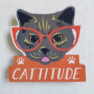 Cattitude Plague Wood Decoration Grey Cat Glasses 5.25 Inch Kitten Decor Animal